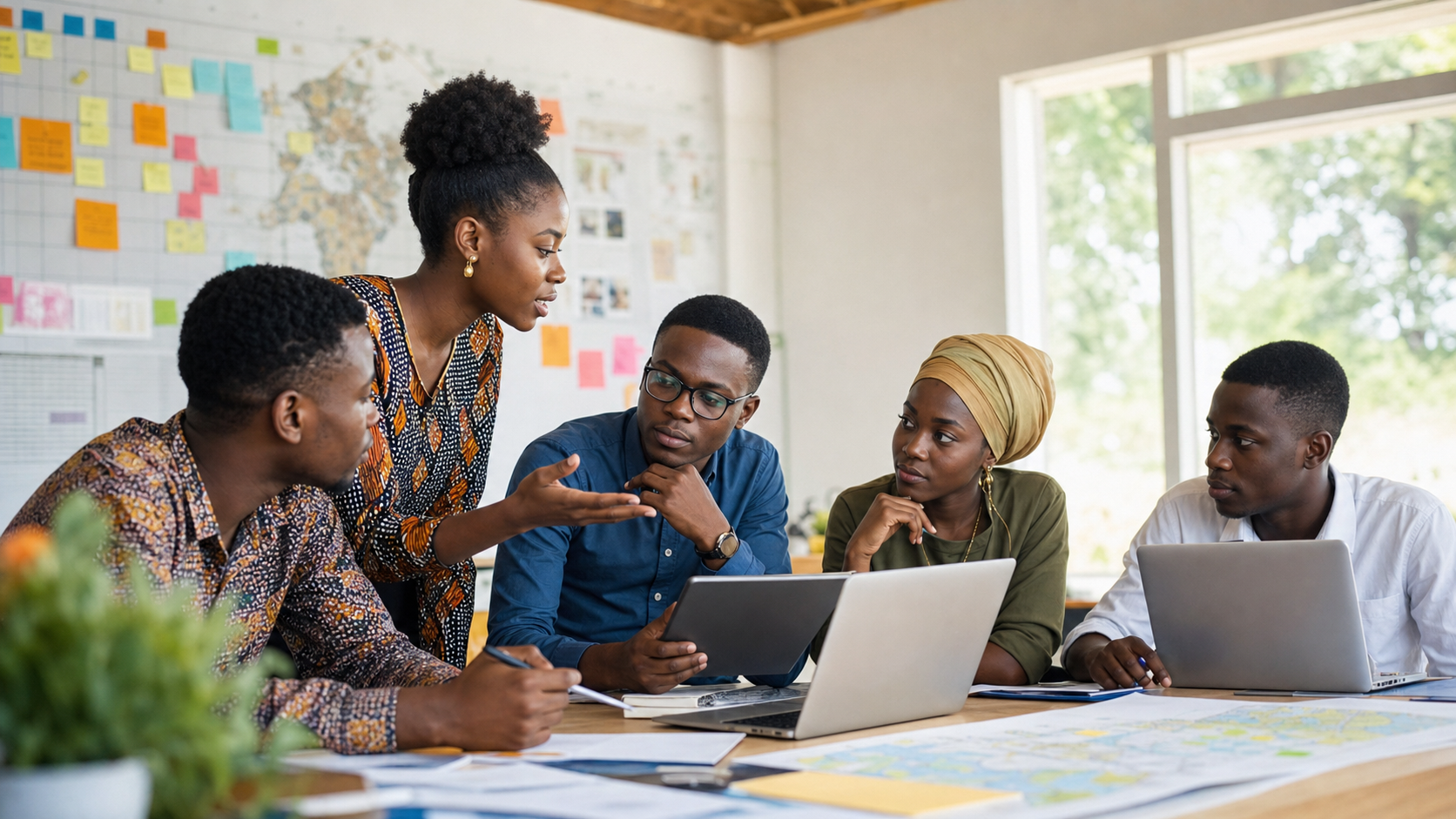 Young African learners collaborating with an AI co-pilot in a modern learning lab