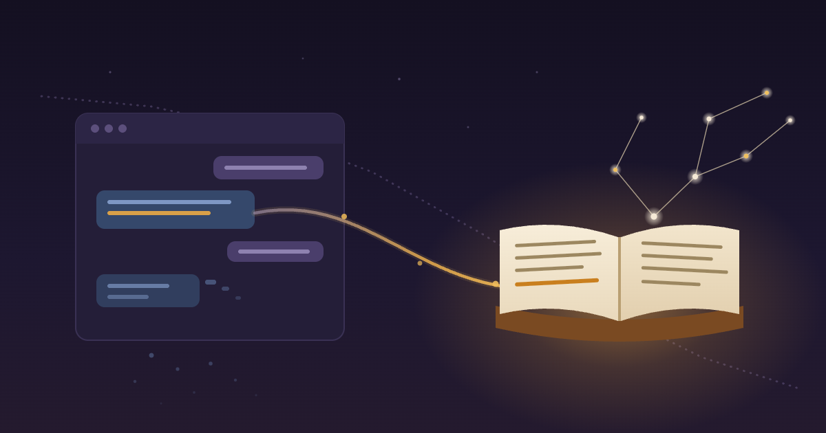 Illustration: an AI chat window with a dissolving answer, a golden thread caught by a glowing journal, and a constellation rising from its pages