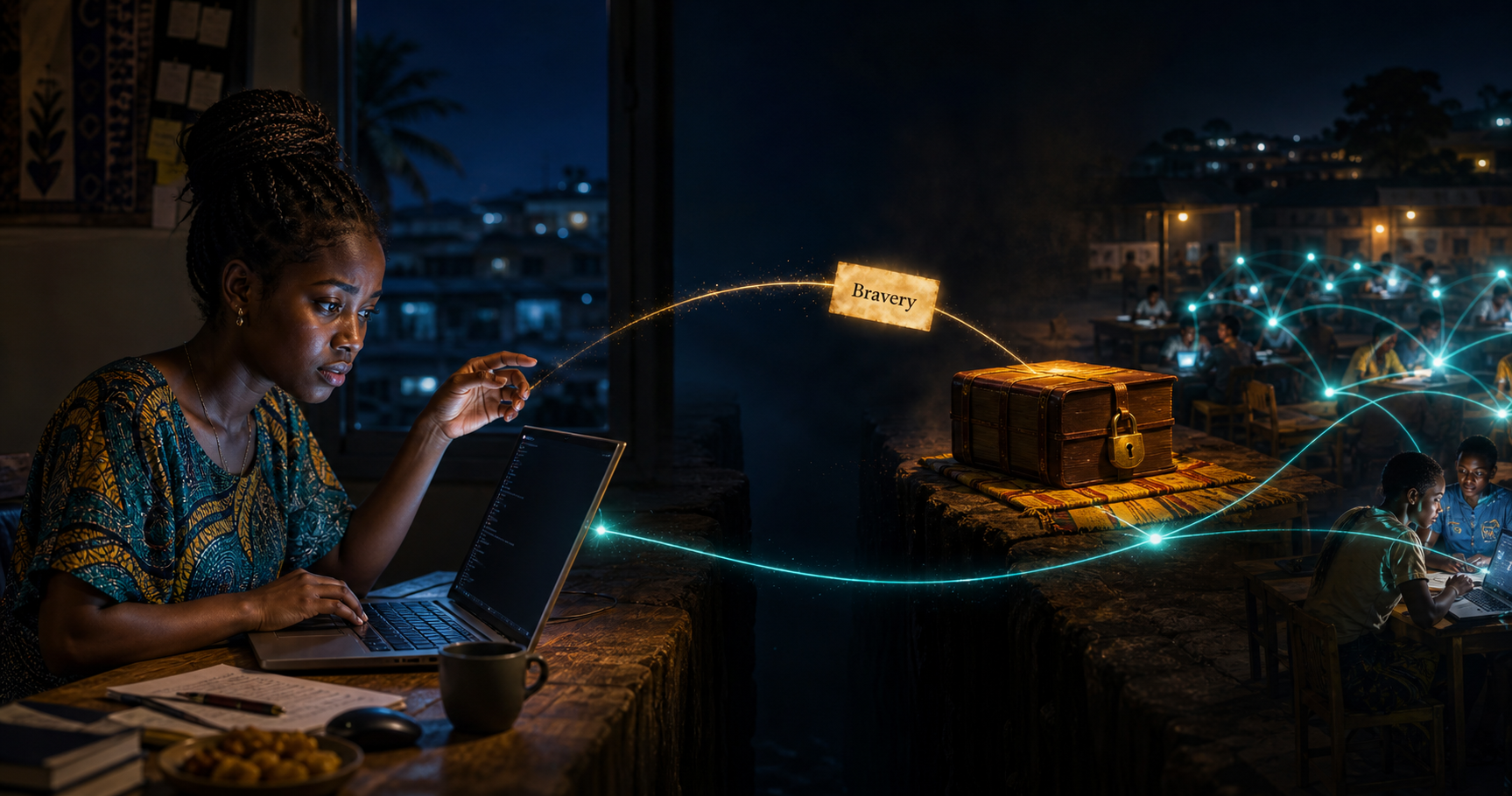 A Ghanaian learner watches her “Bravery” entry hover above the gap between insight and storage while her feedback connects future learners.